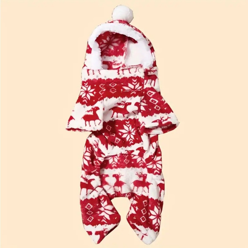 New Christmas Reindeer Hooded Fleece Dog Pajama Outfit